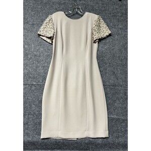 Donna Morgan Beige Cream Sheath Dress 4 Pearl Beaded Lattice Cuff Cap Sleeve